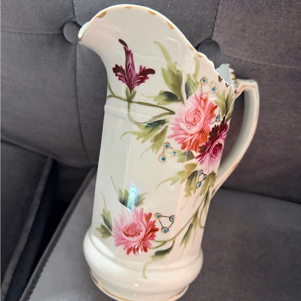 Hand-Painted Floral Porcelain Pitcher - Pink Roses